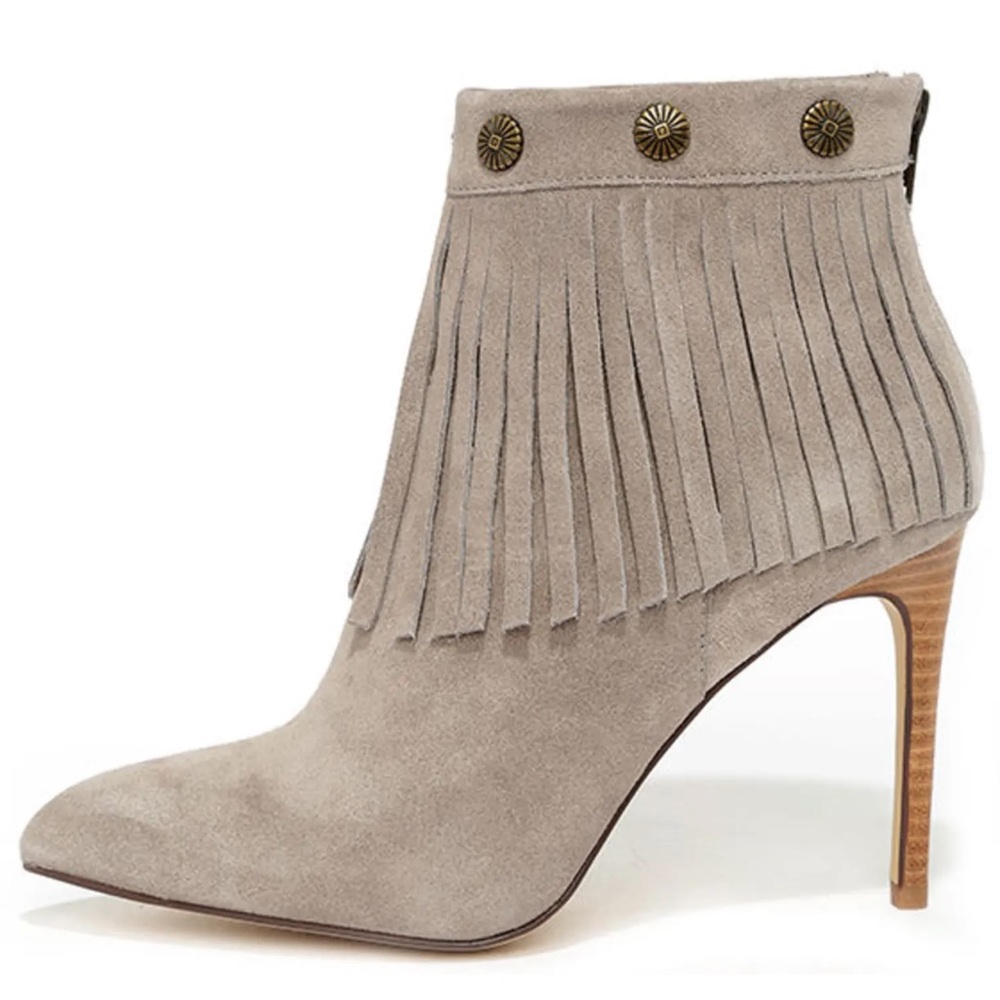 Very Volatile Massy Grey Suede Leather High Heel Fringe Booties